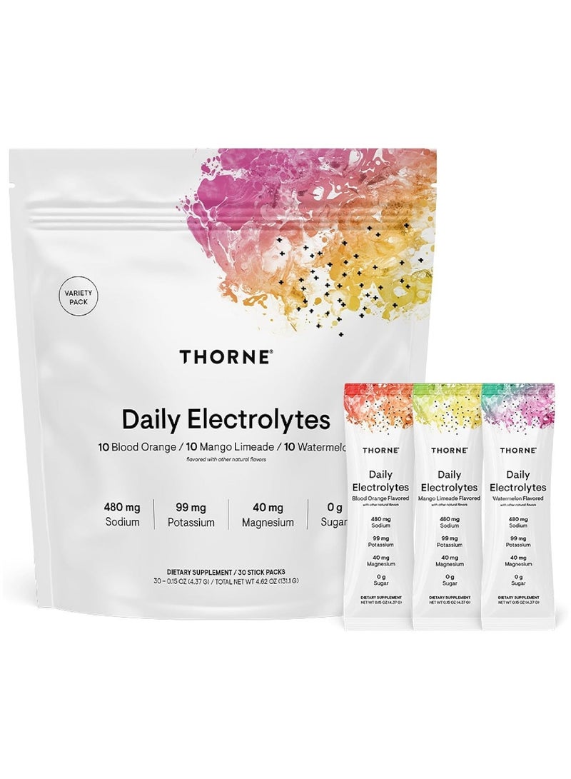 Thorne Daily Electrolytes 10 Blood Orange / 10 Mango Limeade / 10 Watermelon flavored with other natural flavors 480 mg Sodium, 99 mg Potassium, 40 mg Magnesium, 0g Sugar, DIETARY SUPPLEMENT / 30 STICK PACKS - 0.15 OZ (4.37 G) / TOTAL NET WT 4.62 OZ (131.1 G) - Image 1